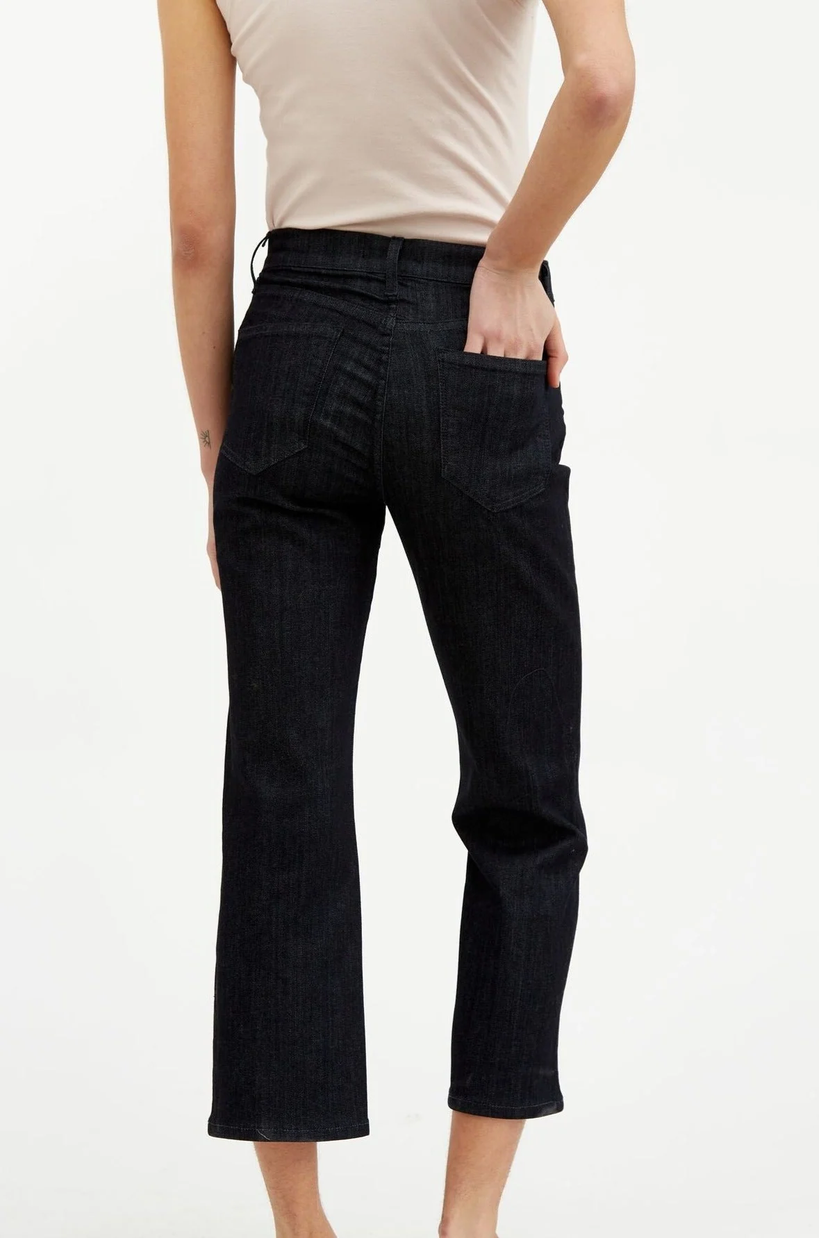 HIGH RISE SOFT FLARE CROP-CUT FIVE POCKET PANT IN DARK WASH DENIM - Image 3