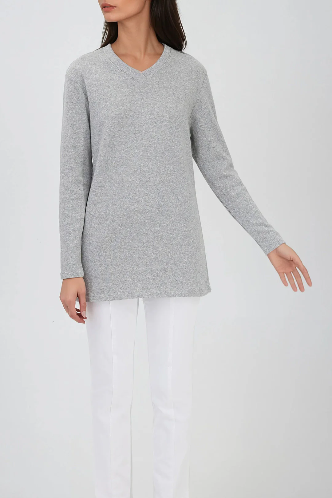 A LINE V NECK LONG SLEEVE TUNIC IN HEATHERED PIMA COTTON STRETCH