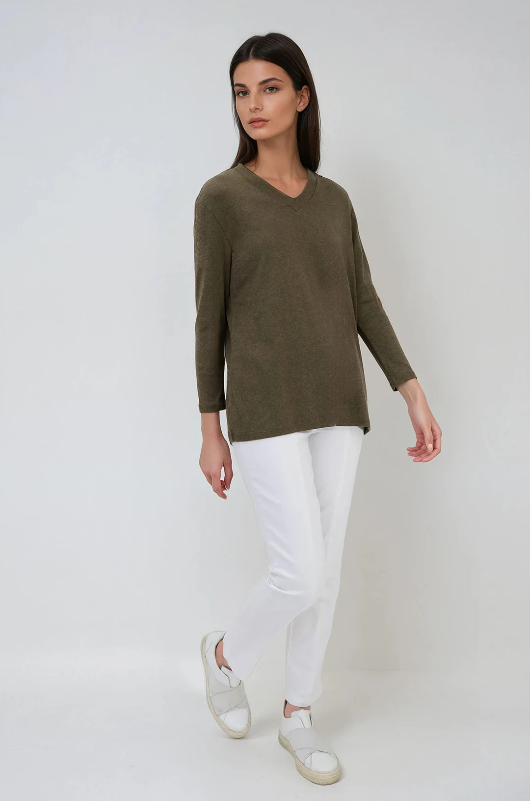 A LINE V NECK BRACELET SLEEVE IN HEATHERED PIMA COTTON STRETCH - Image 2