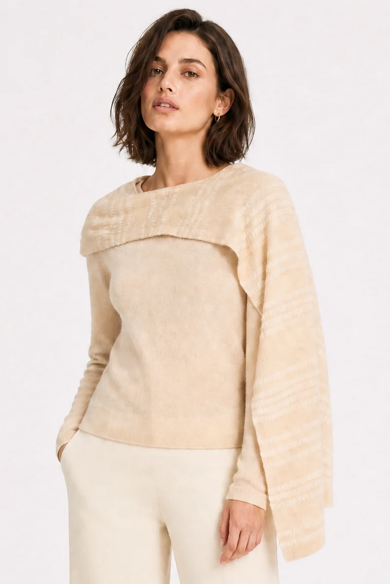 KARSON TOP WITH STRIPED ASYMMETRICAL SCARF IN MERINO-CASHMERE