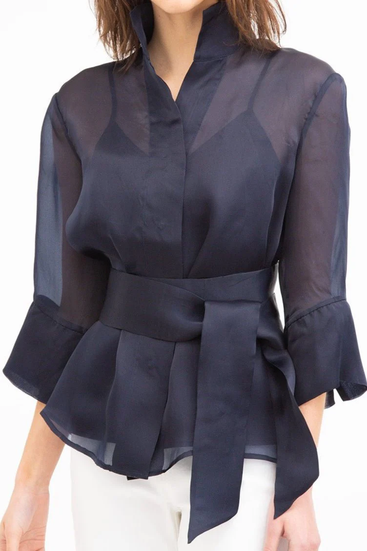 SANDRI BELTED SILK ORGANZA BLOUSE MIDNIGHT NAVY - Image 2