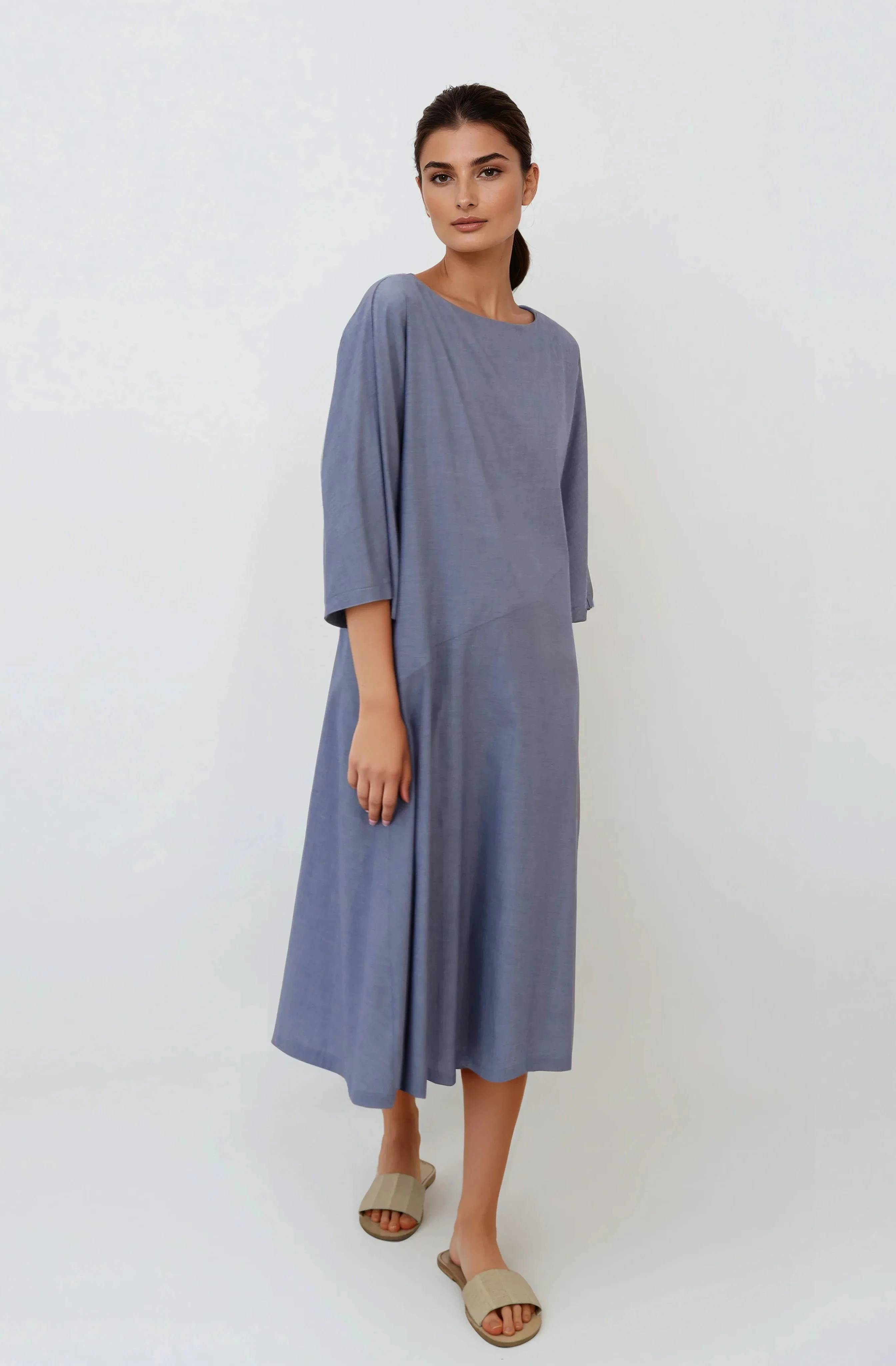 DELLA BATEAU NECK ELBOW SLEEVE DRESS IN STRETCH ITALIAN COTTON - Image 4