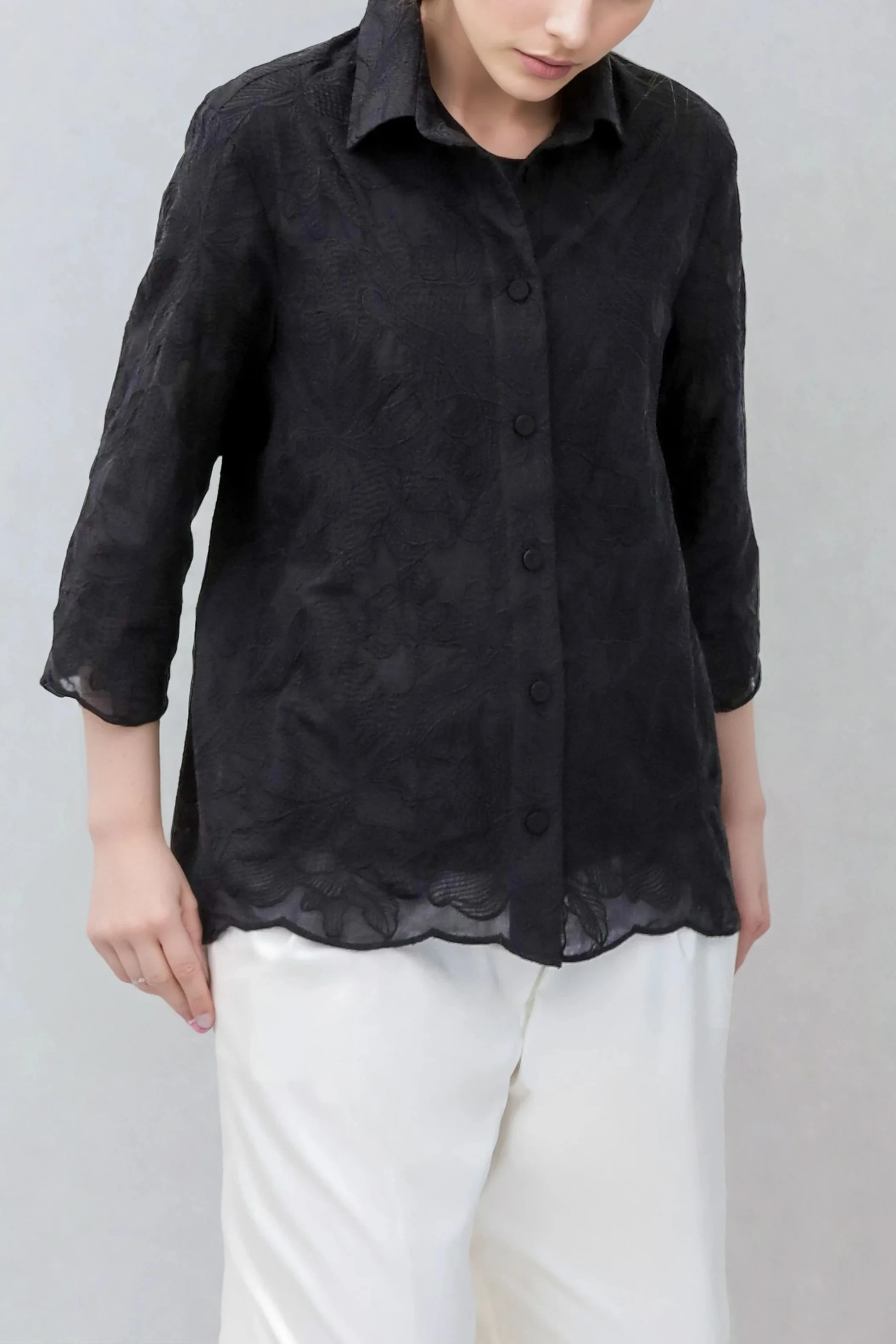 CESARE CAMP SHIRT IN BLACK EMBROIDERED ITALIAN COTTON - Image 4