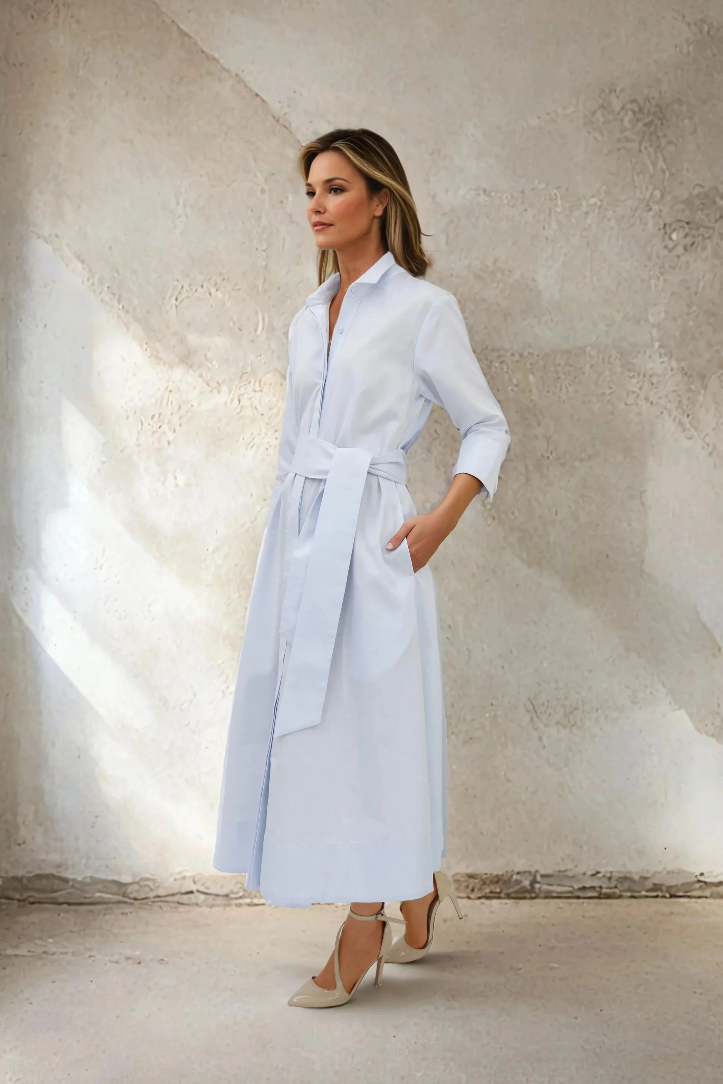 DANNI DRESS IN ITALIAN COTTON JACQUARD BLUE PEBBLE - Image 4