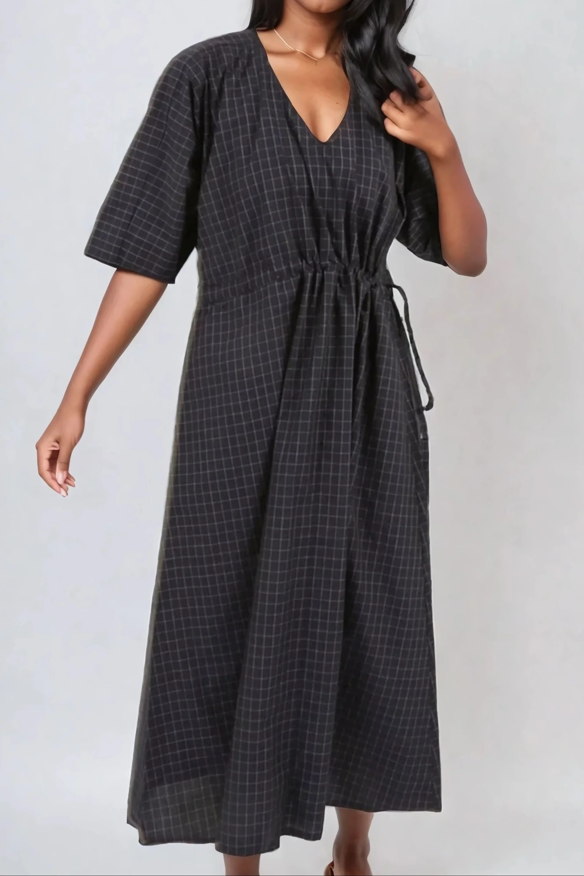 VANESSA DRESS WITH WAISTED DRAWSTRING IN COTTON POPLIN