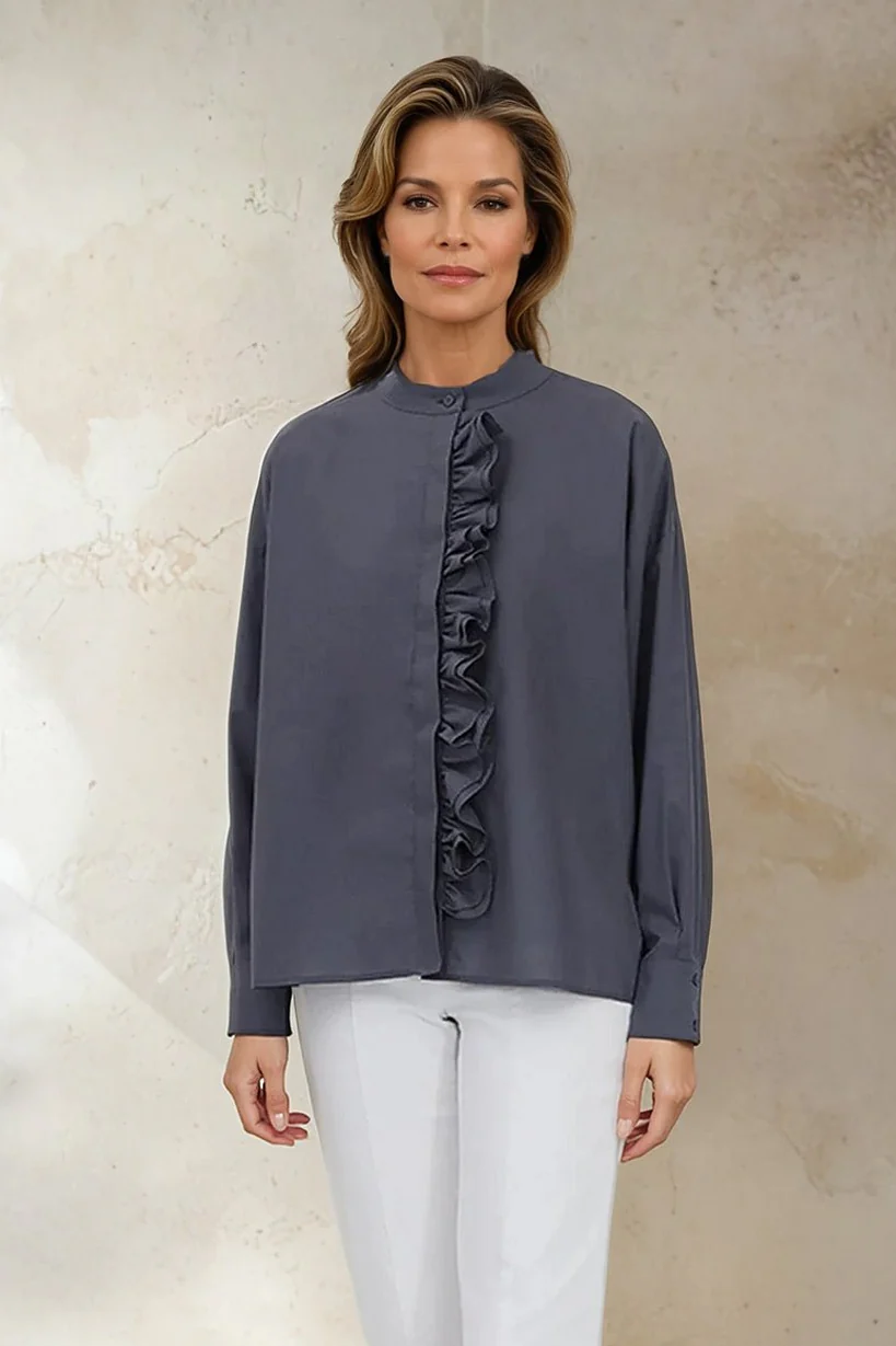 FLEUR RUFFLE SHIRT IN COTTON SLATE GREY