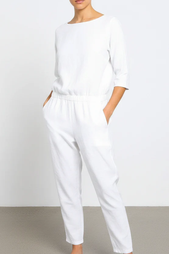 BOATNECK 3/4 SLEEVE JUMPSUIT IN LINEN COTTON