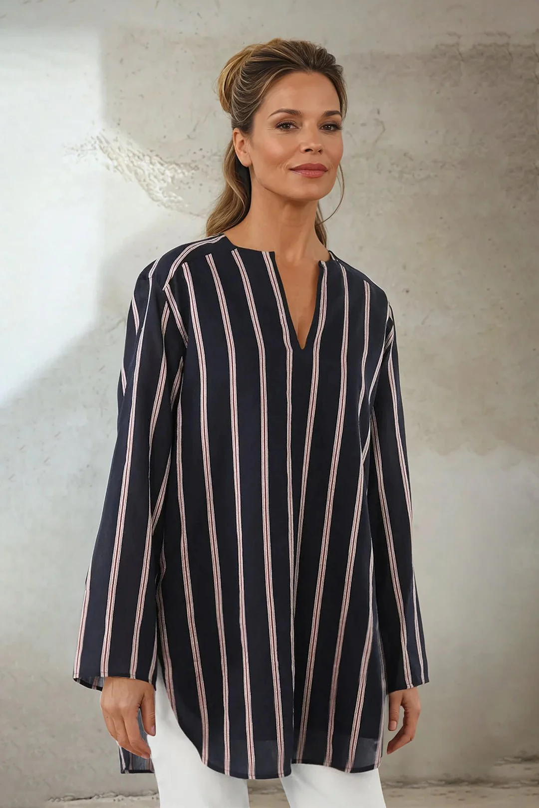 CYPRESS LAYERED SHIRT IN ITALIAN COTTON VOILE NAVY STRIPES - Image 2