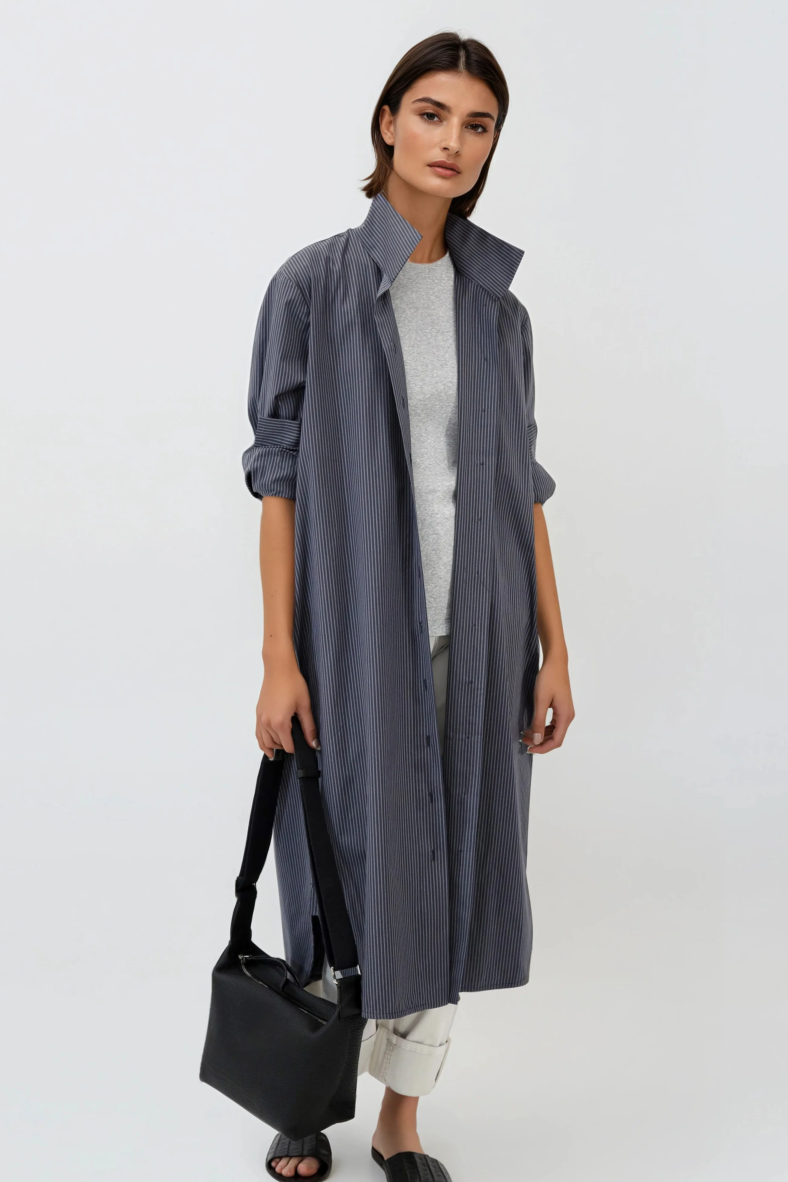 SHIRTDRESS IN PREMIUM ITALIAN COTTON DARK GREY STRIPE - Image 3