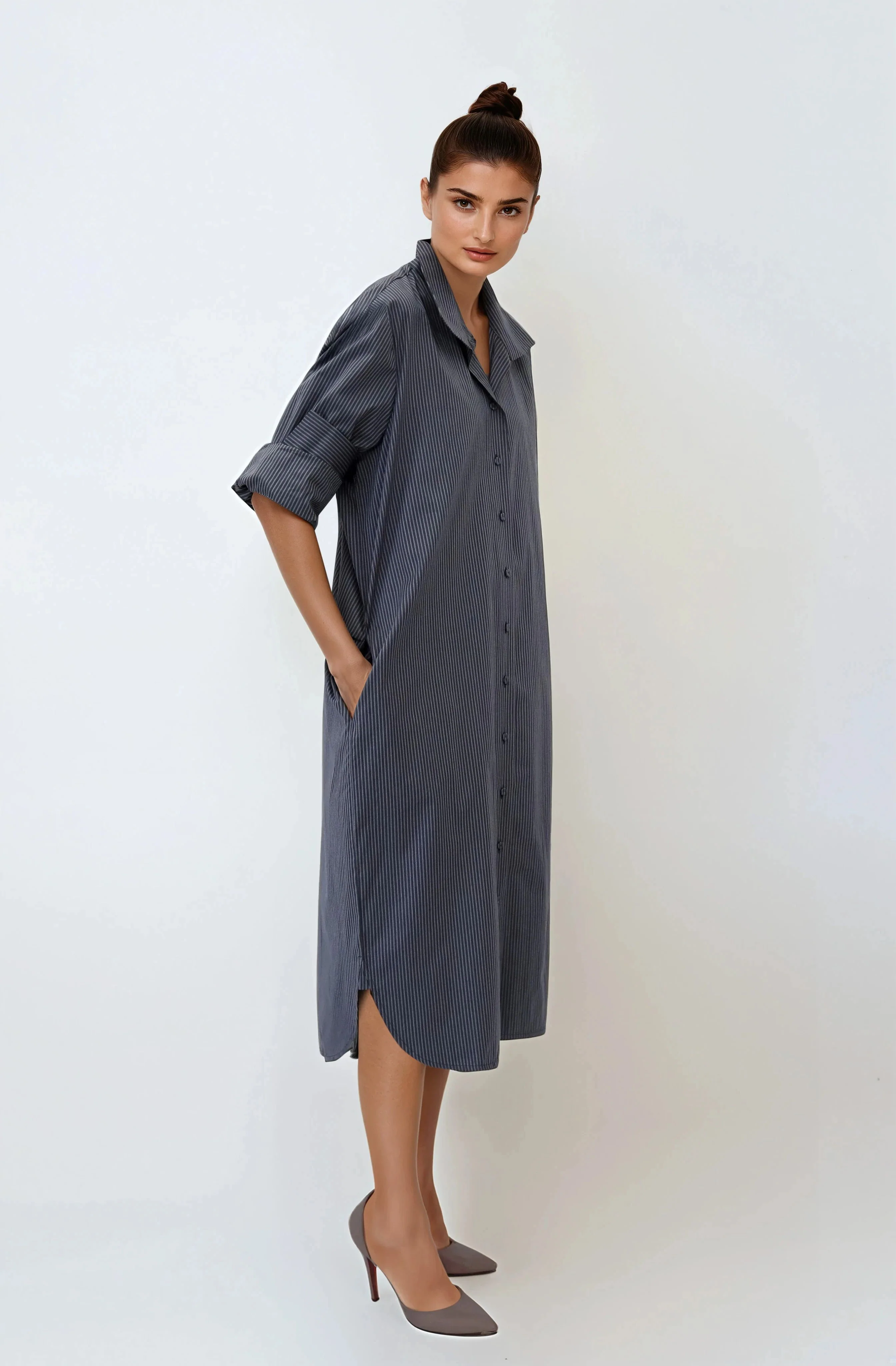 SHIRTDRESS IN PREMIUM ITALIAN COTTON DARK GREY STRIPE - Image 7