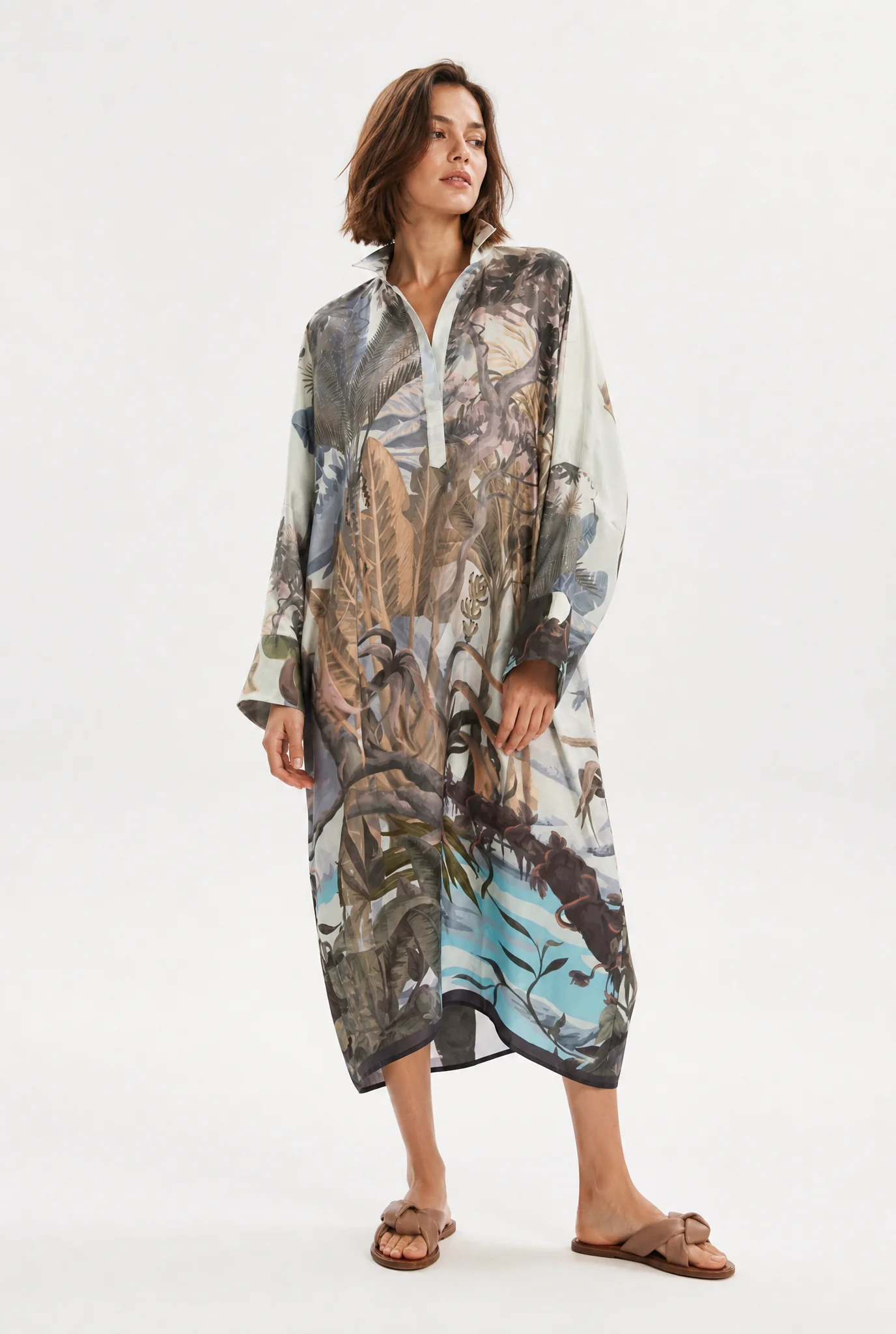 KONA KAFTAN IN SILK TWILL BLUE PALMS
