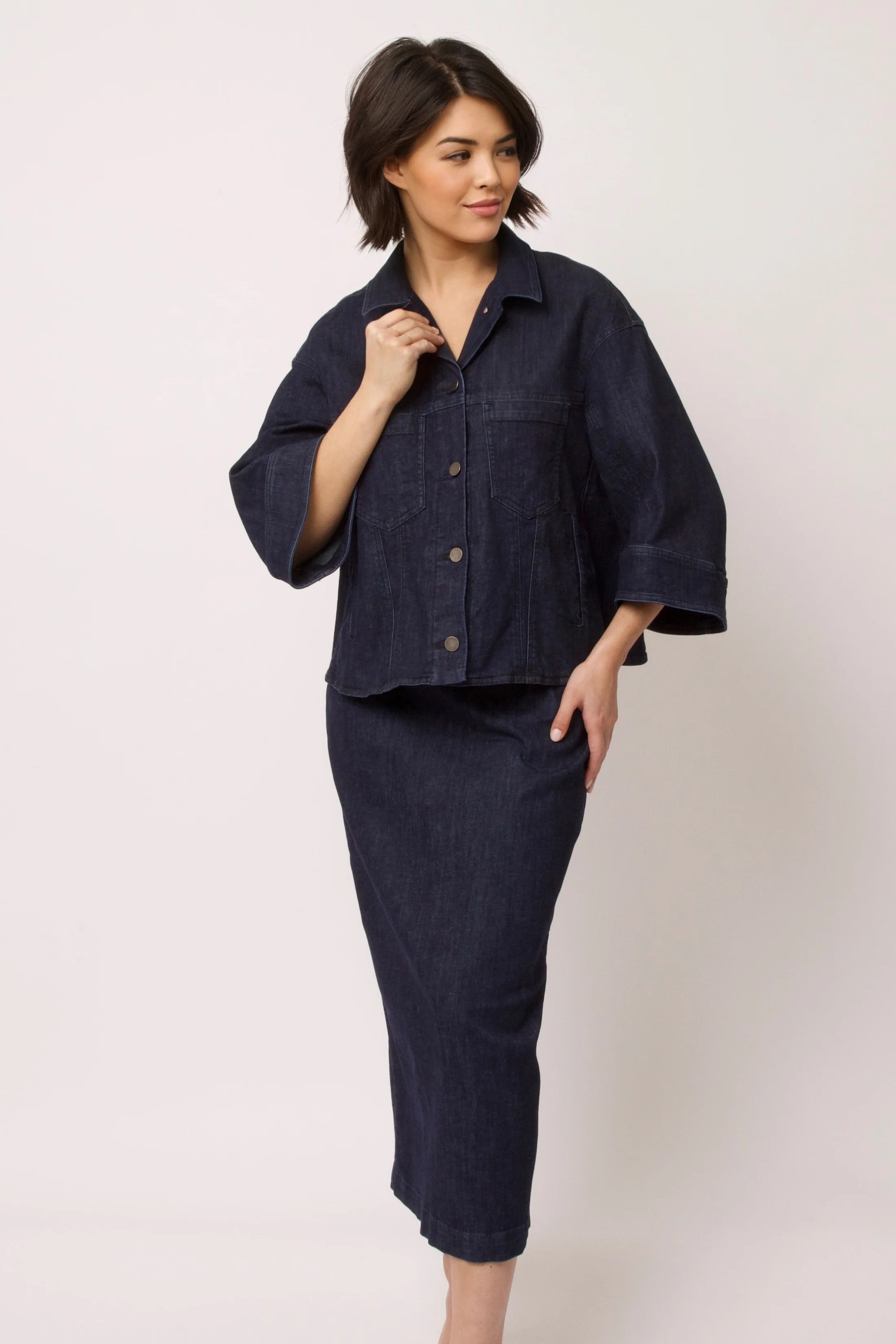 LAUREN PENCIL SKIRT IN ORGANIC ITALIAN DENIM STRETCH