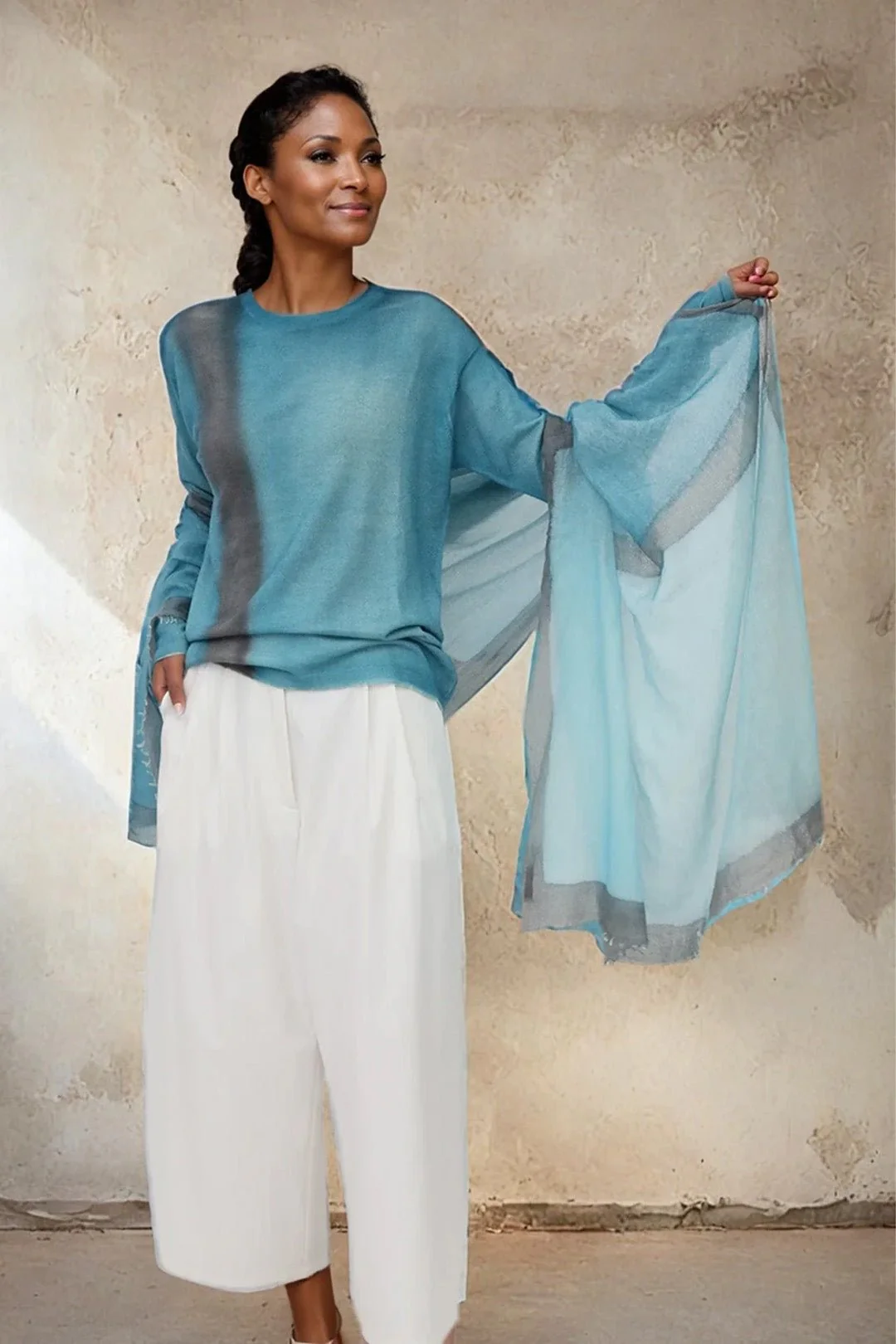 SHILOH CREW IN HAND-DYED CASHMERE TURQUOISE SQUARES - Image 2