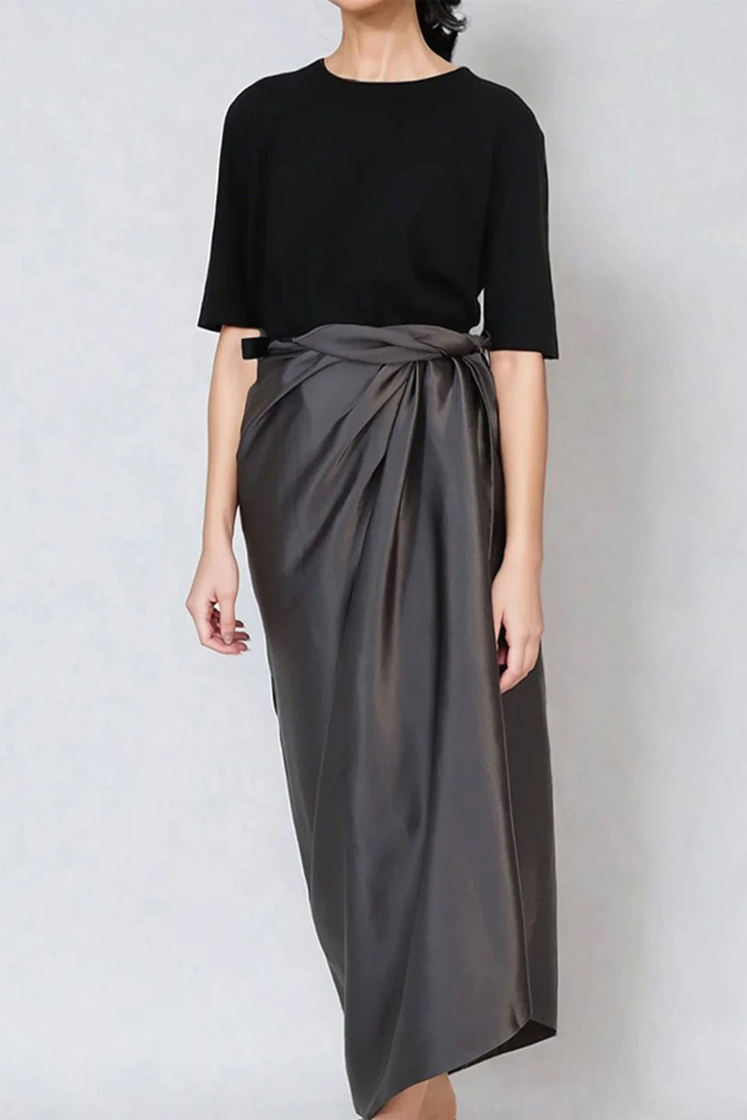 PAREO SKIRT IN CHARMEUSE SILK IN GUNMETAL
