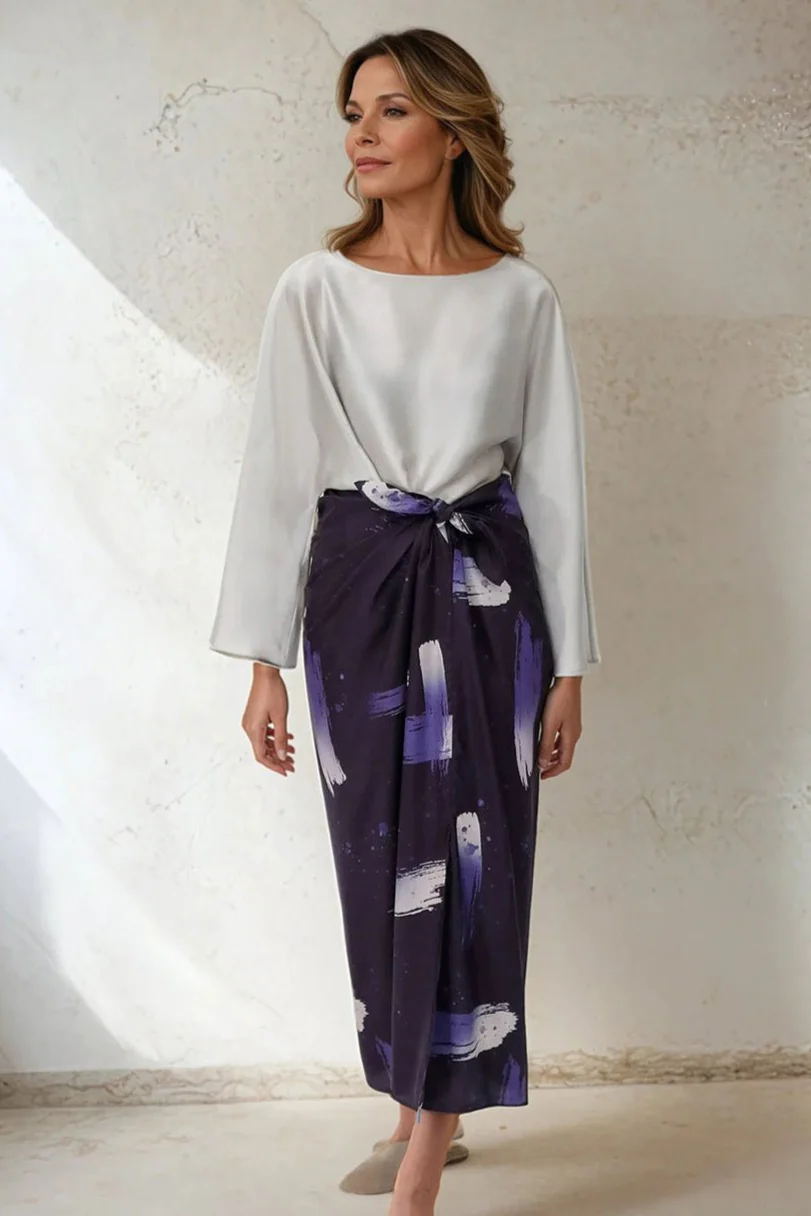 PAREO SKIRT IN HAND-DYED SILK VIOLET BRUSHSTROKE