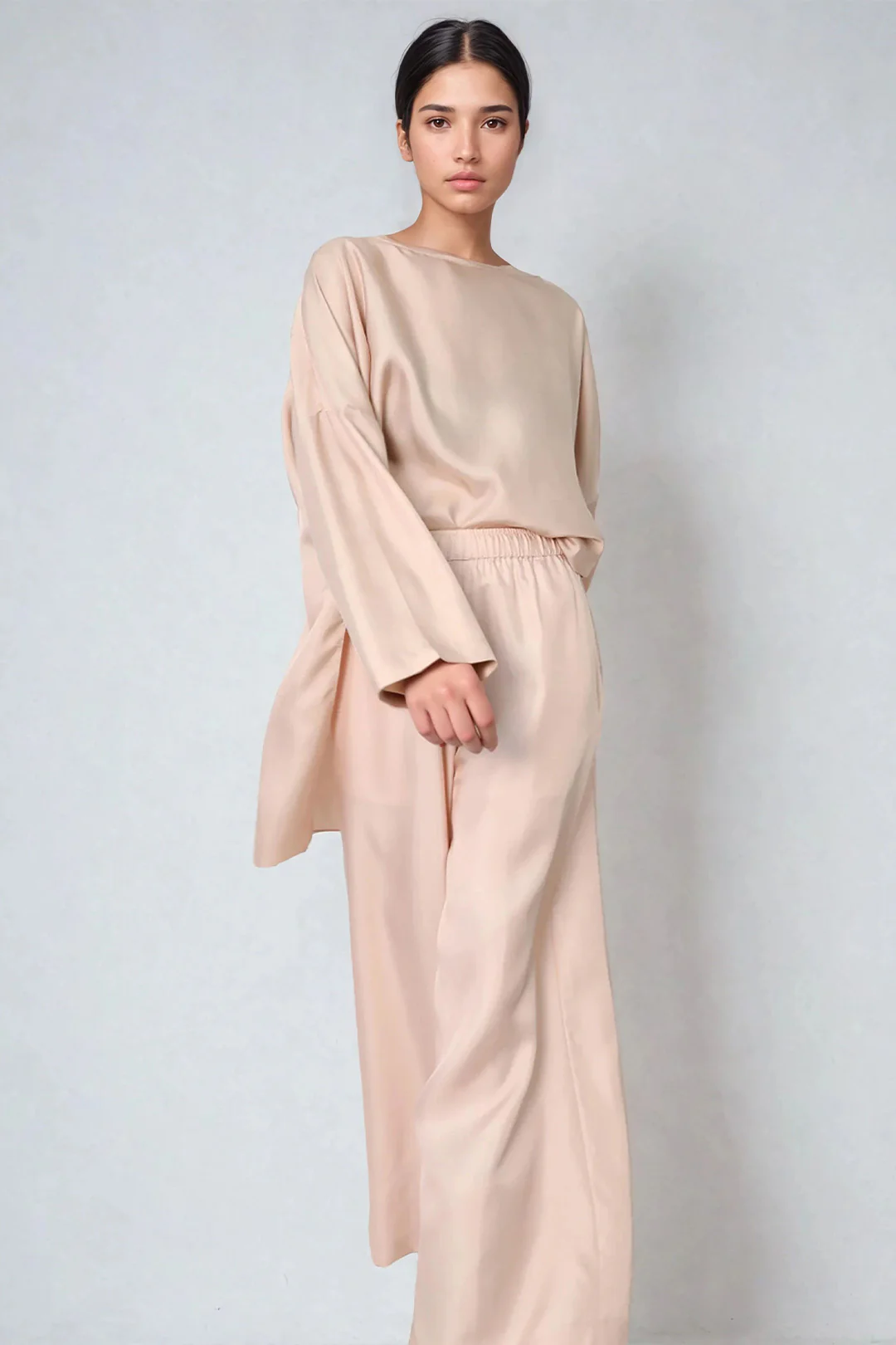 PRIYA SILK TWILL WIDE LEG PANT IN ROSE BEIGE - Image 2