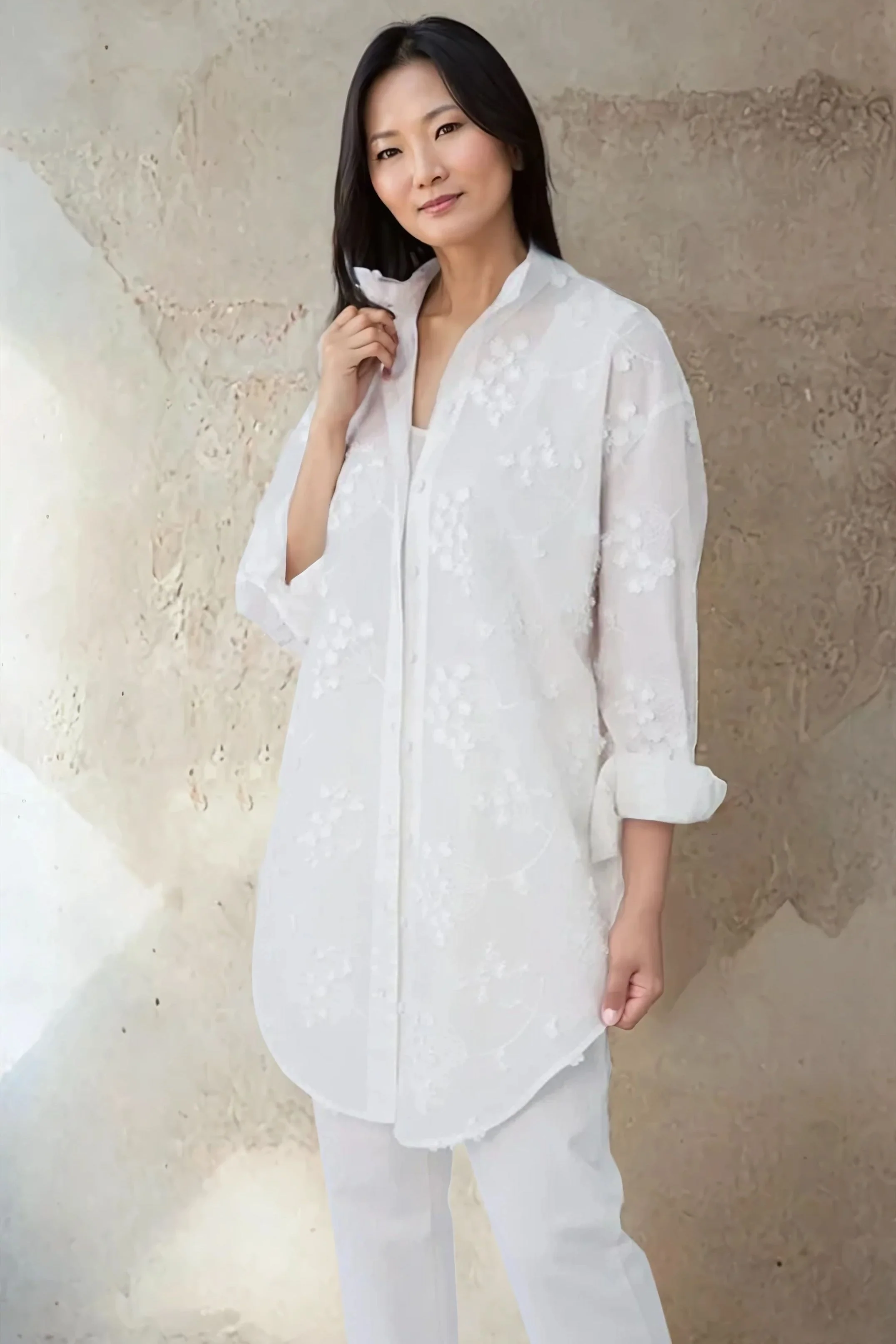 QUEEN ANNE EMBROIDERED LAYERED TUNIC SHIRT IN ITALIAN COTTON