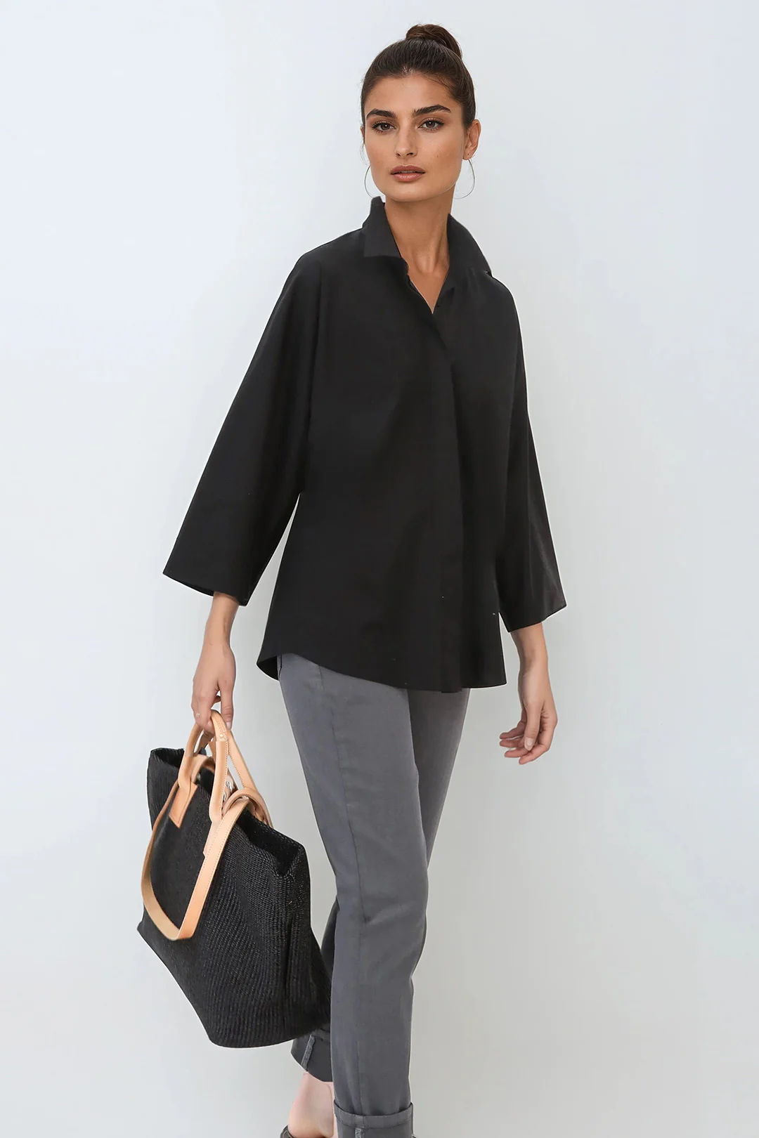 REMI KIMONO SLEEVE SHIRT IN ITALIAN COTTON STRETCH BLACK