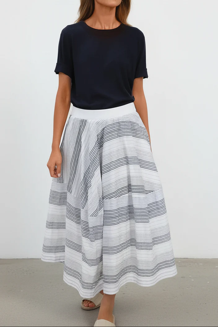 SACHI BALLOON SKIRT IN ITALIAN COTTON NAVY GREY STRIPE - Image 3