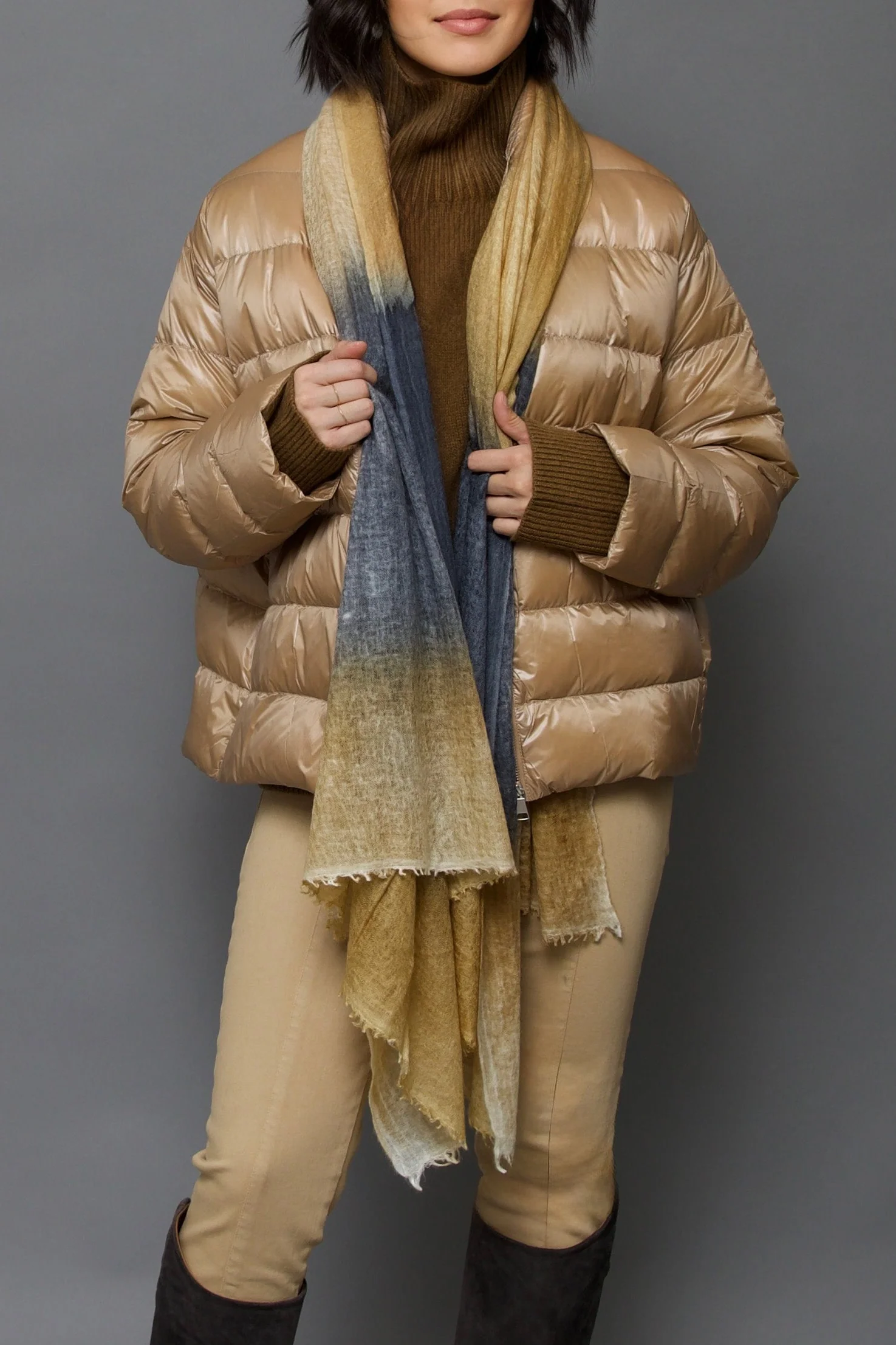 OCHRE CHARCOAL STRIPE SCARF IN HAND DYED CASHMERE - Image 5