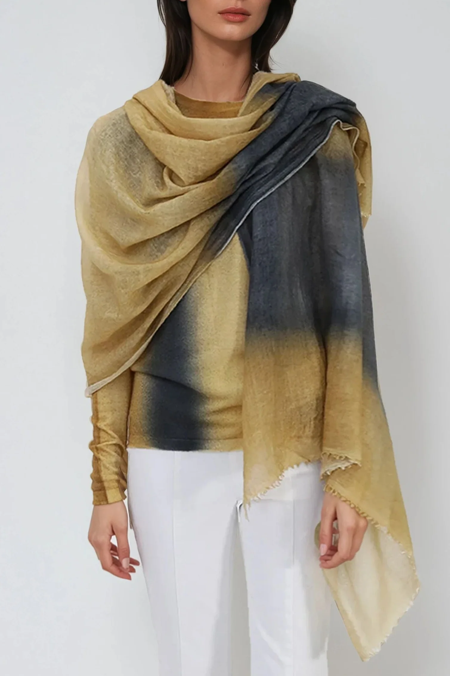 OCHRE CHARCOAL STRIPE SCARF IN HAND DYED CASHMERE - Image 7