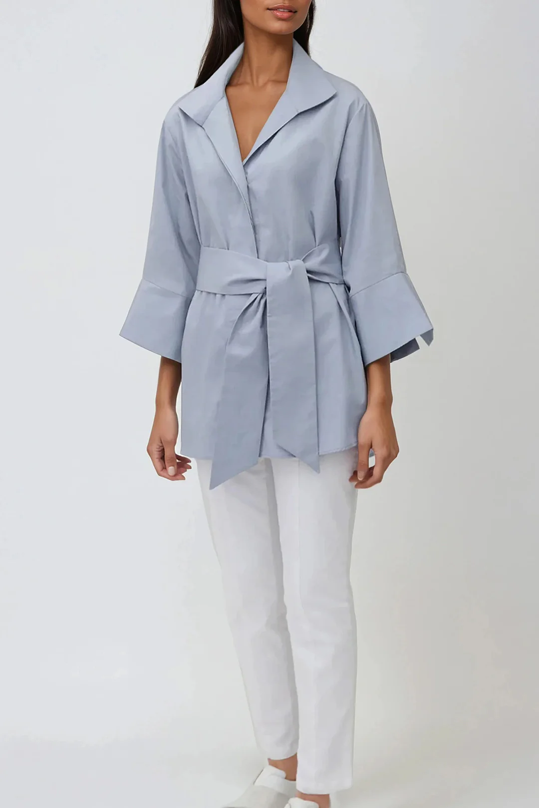 SCARLETT BLOUSE IN ITALIAN COTTON DOVE BLUE-GREY - Image 3
