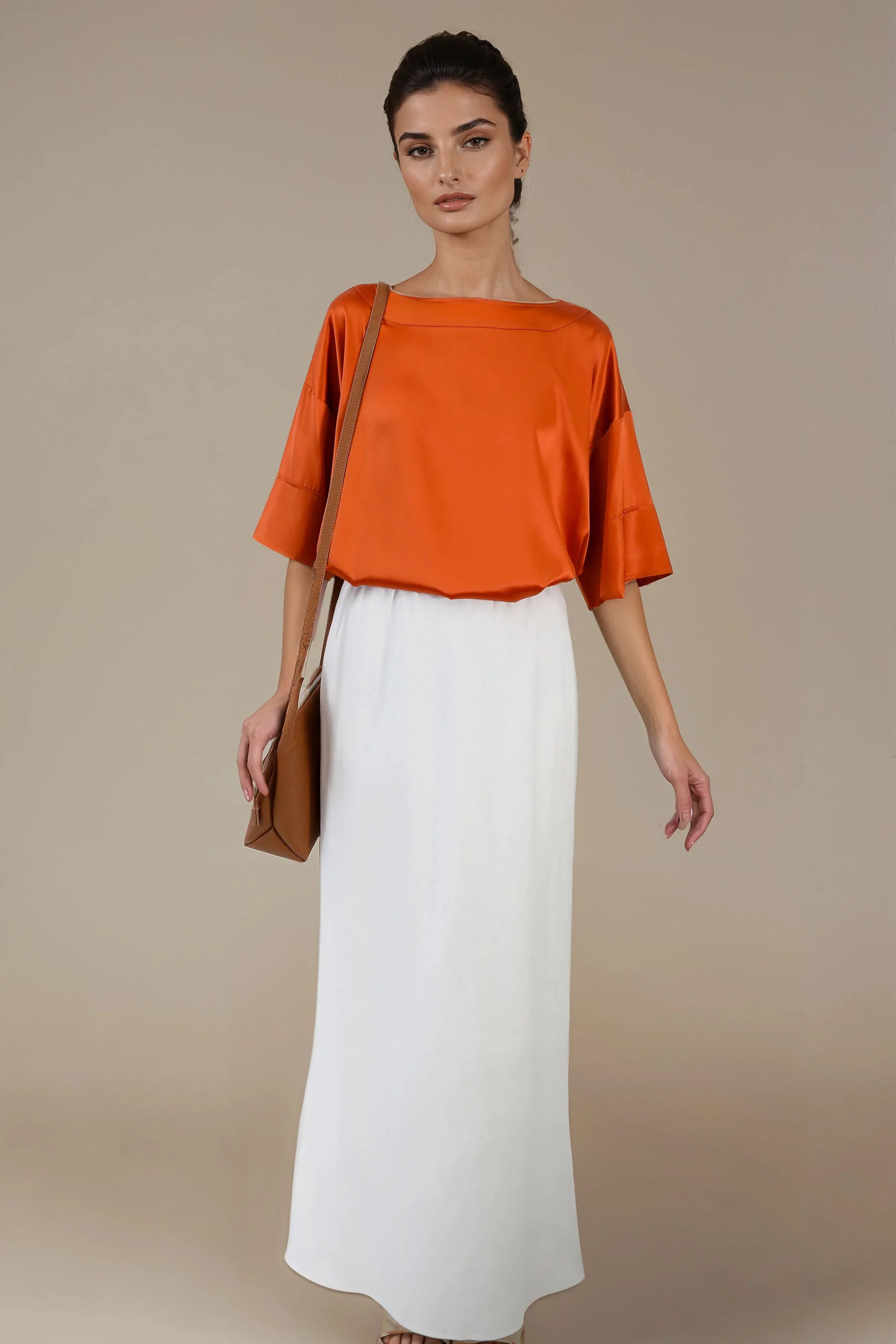 SHELLA SHORT SLEEVE BLOUSE IN BURNT ORANGE SILK CHARMEUSE - Image 2