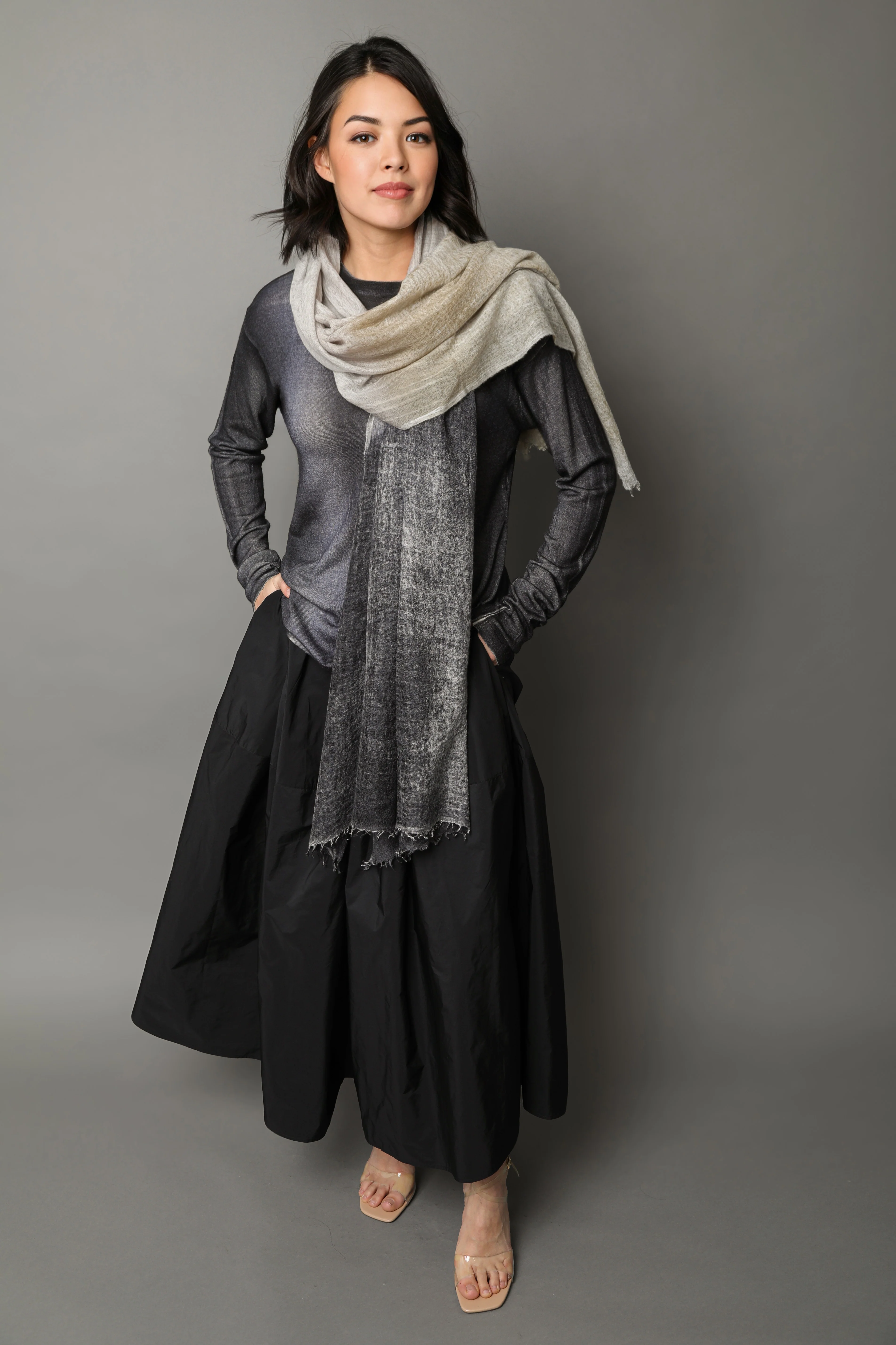 SHILOH CREW IN HAND-DYED CASHMERE CHARCOAL STRIPE