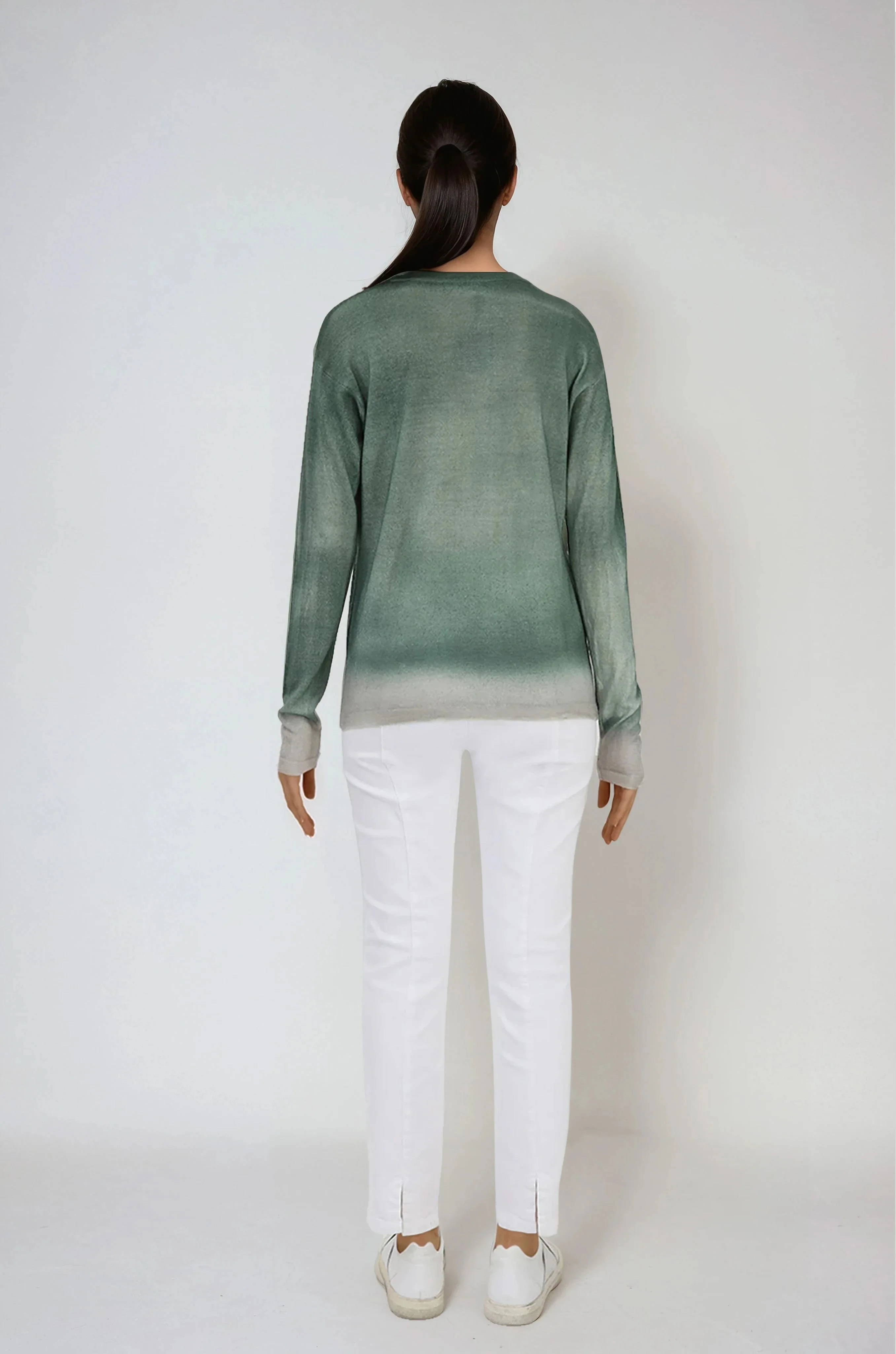 SHILOH CREW IN HAND-DYED CASHMERE FERN BUFF BEIGE STRIPE - Image 5