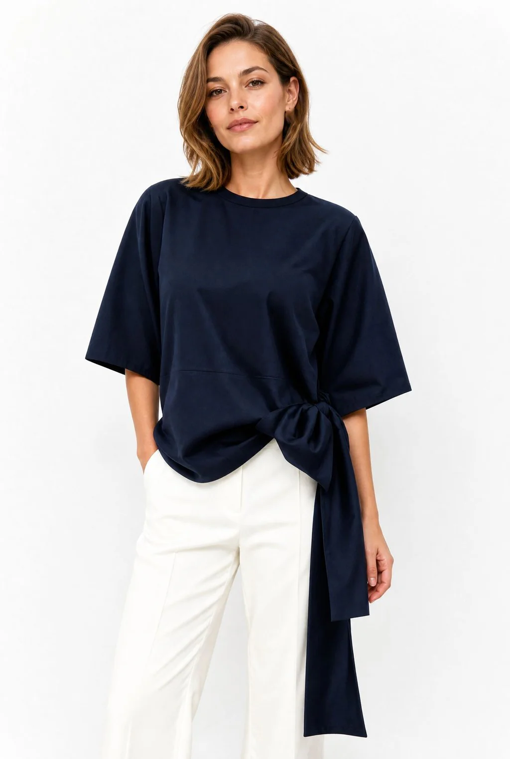 ELNORA CREW SIDE TIE 3/4 SLEEVE SHIRT IN ITALIAN COTTON POPLIN - Image 6