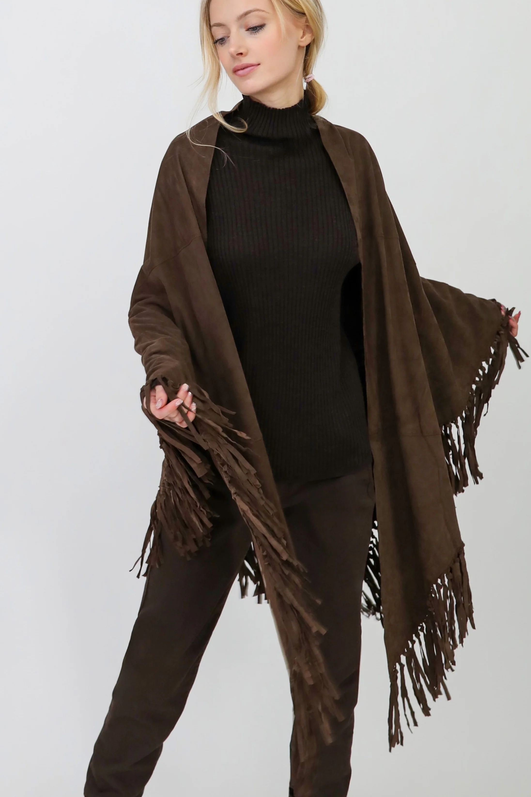 STELLAN SUEDE FRINGE WRAP IN DARK BROWN - Image 5