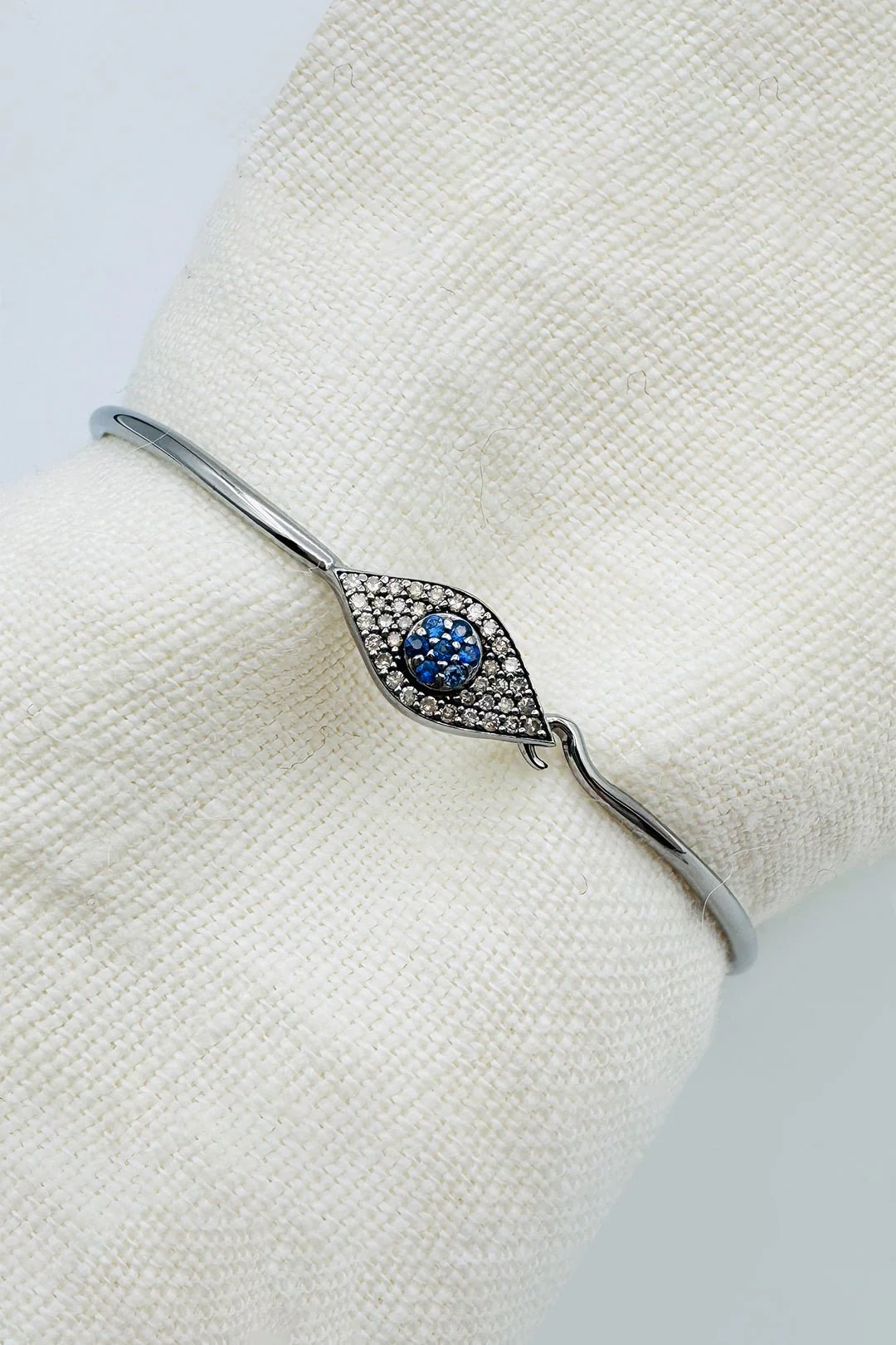 RHODIUM SILVER DIAMOND & SAPPHIRE EVIL EYE BANGLE